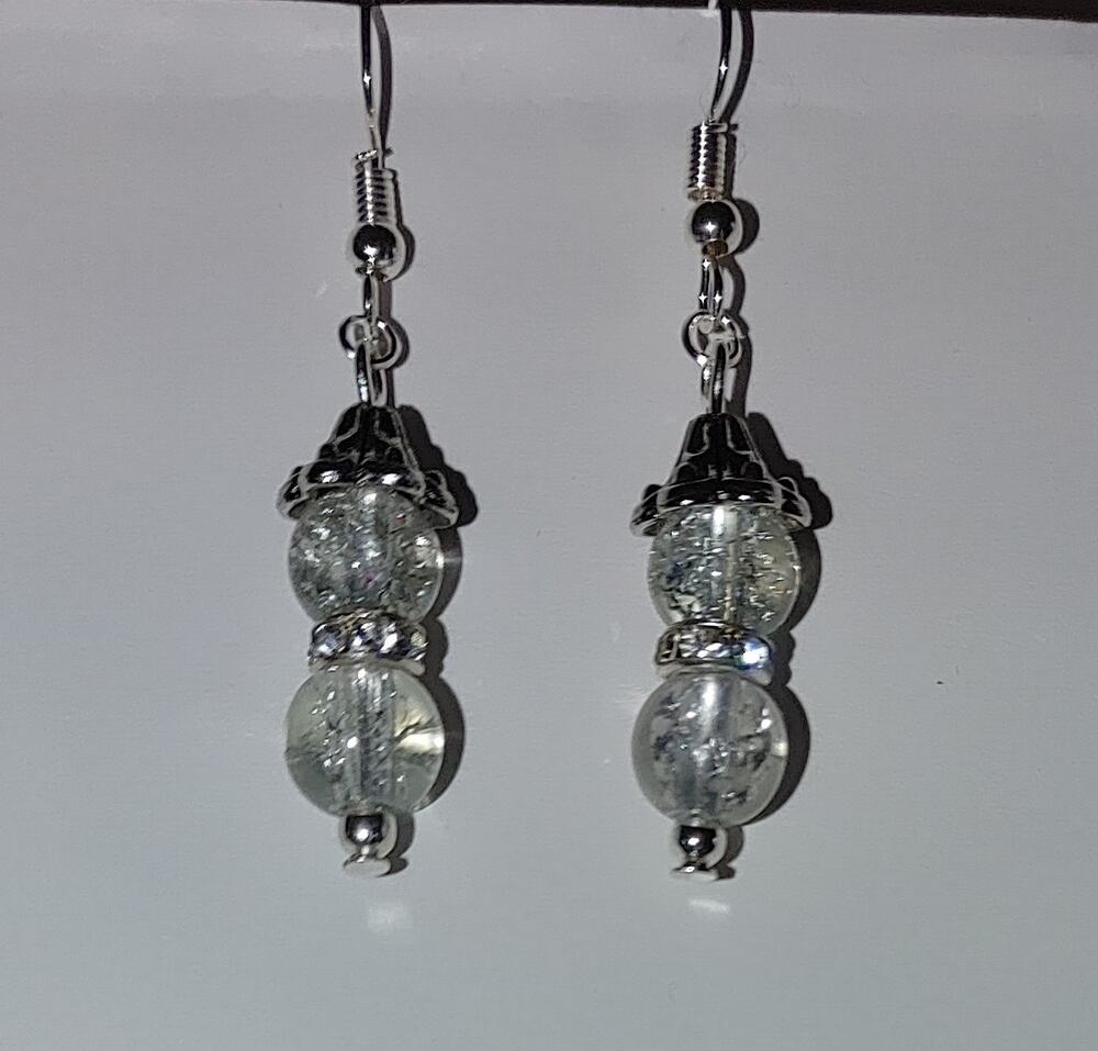 Handmade Sparkly Beaded Snowman Christmas Dangle Earrings Silver Tone #C57